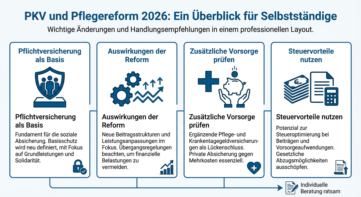 Infografik zum Thema PKV und Pflegereform 2026, zeigt die Basis der Pflichtversicherung, Auswirkungen der Reform, Empfehlung zur Zusatzvorsorge und steuerliche Aspekte für Selbstständige.