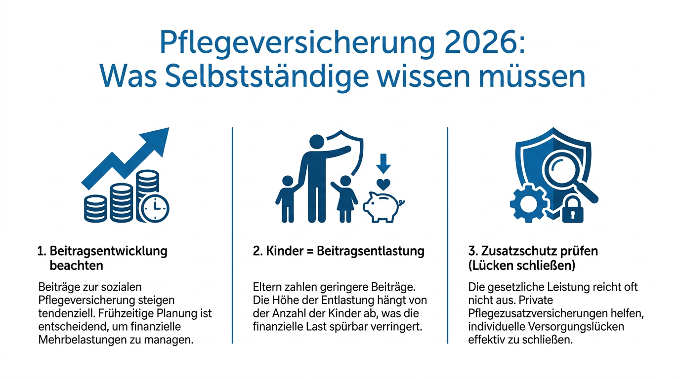 PKV & Pflegeversicherung 2026: Neue Anforderungen für Selbstständige Infografik zu neuen Anforderungen der Pflegeversicherung 2026 für Selbstständige, mit Stichpunkten zu Beitragsentwicklung, Kinder-Beitragsentlastung und Zusatzschutz.