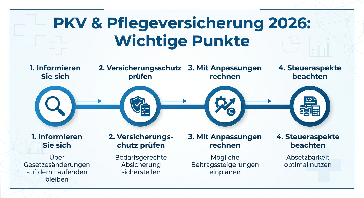PKV & Pflegeversicherung 2026: Neue Herausforderungen Infografik zu wichtigen Punkten der PKV und Pflegeversicherung 2026 für Selbstständige, u.a. informieren, prüfen, rechnen und Steueraspekte beachten.