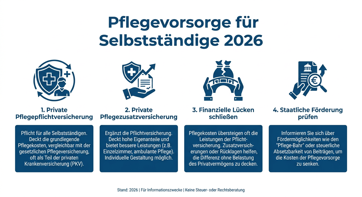 PKV & Pflegeversicherung 2026: Strategien für Selbstständige Infografik zur Pflegevorsorge für Selbstständige 2026. Zeigt vier Schlüsselbereiche: private Pflegepflicht-, Zusatzversicherung, Lücken schließen, Förderung.