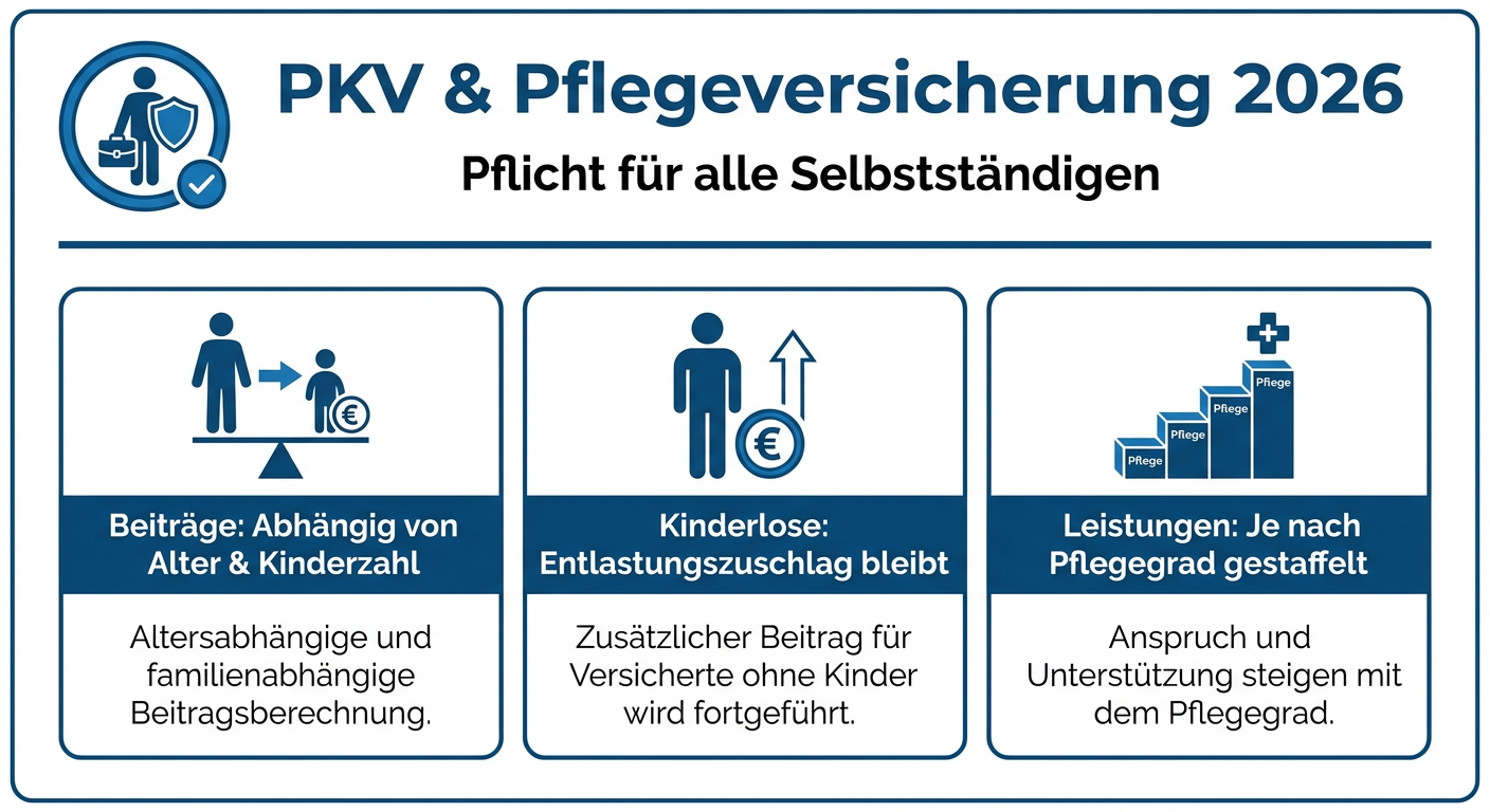 PKV & Pflegeversicherung: Neue Regeln 2026 für Selbstständige Infografik zu den Neuerungen in der privaten Pflegepflichtversicherung (PPV) 2026 für selbstständige PKV-Versicherte, mit Fokus auf Beiträge, Kinderlosigkeit und Leistungen.