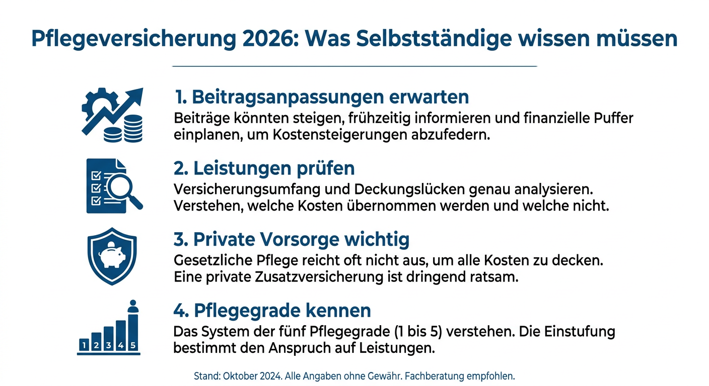 PKV und Pflegeversicherung: Neue Anforderungen für 2026 Infografik zur Pflegeversicherung 2026 für Selbstständige: Erwartete Beitragsanpassungen, Leistungen prüfen, private Vorsorge und Kenntnis der Pflegegrade.