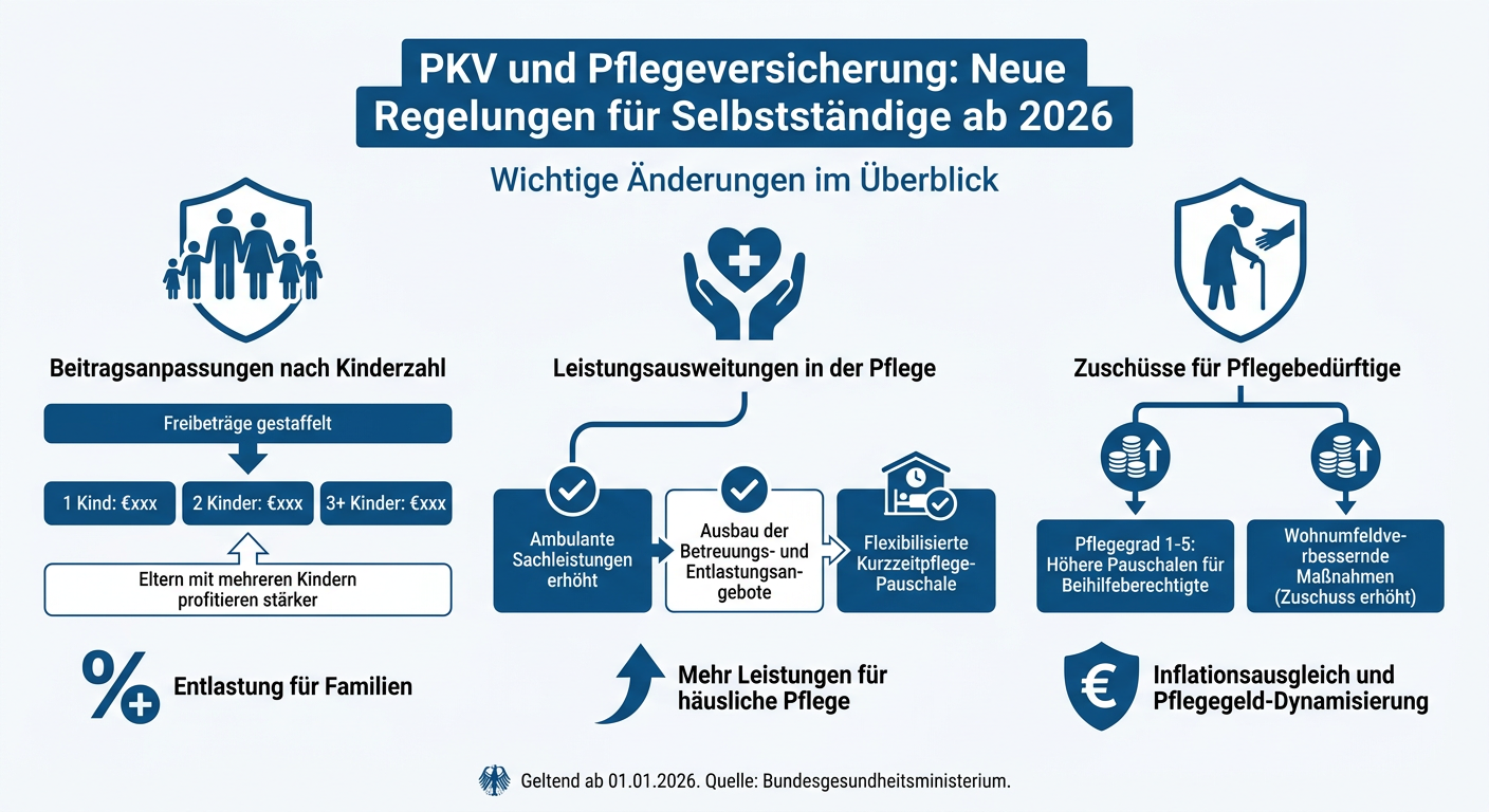 Infografik zeigt die wichtigsten Änderungen in der PKV und Pflegeversicherung für Selbstständige ab 2026, darunter Beitragsanpassungen nach Kinderzahl und Leistungsausweitungen.