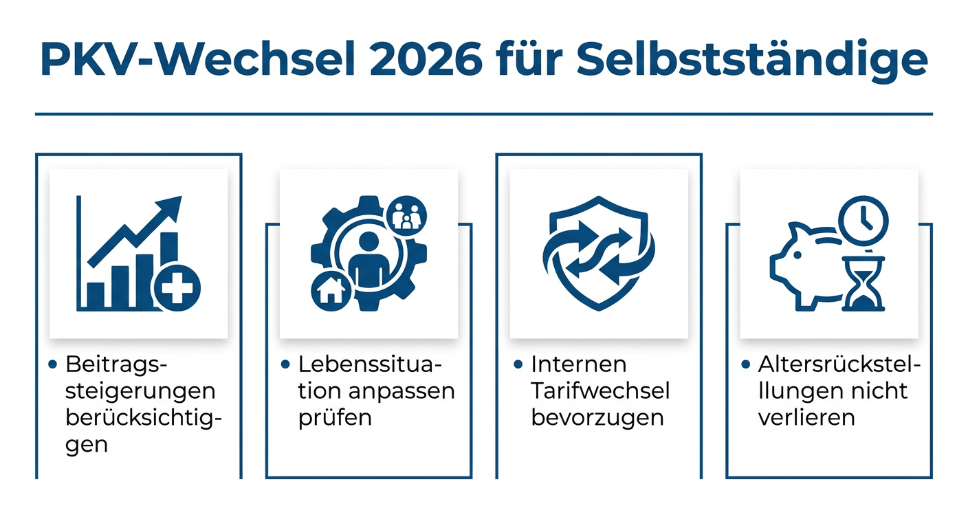 Infografik: Vier wichtige Aspekte zum PKV-Wechsel für Selbstständige im Jahr 2026: Beitragssteigerungen berücksichtigen, Lebenssituation prüfen, internen Tarifwechsel bevorzugen, Altersrückstellungen nicht verlieren.