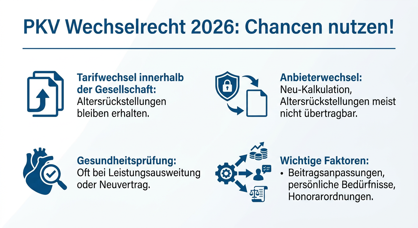 Infografik zum PKV Wechselrecht 2026, die die Möglichkeiten des Tarifwechsels innerhalb der Gesellschaft und den Anbieterwechsel mit ihren jeweiligen Vor- und Nachteilen darstellt.