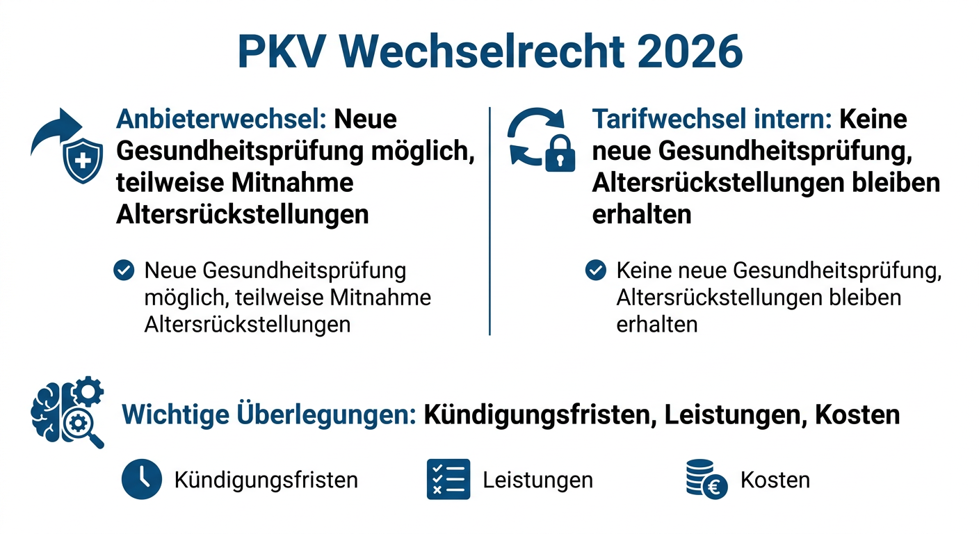 Infografik: PKV Wechselrecht 2026 für Selbstständige. Vergleicht Anbieterwechsel (Gesundheitsprüfung, Altersrückstellungen) und internen Tarifwechsel (keine neue Gesundheitsprüfung, Altersrückstellungen erhalten).