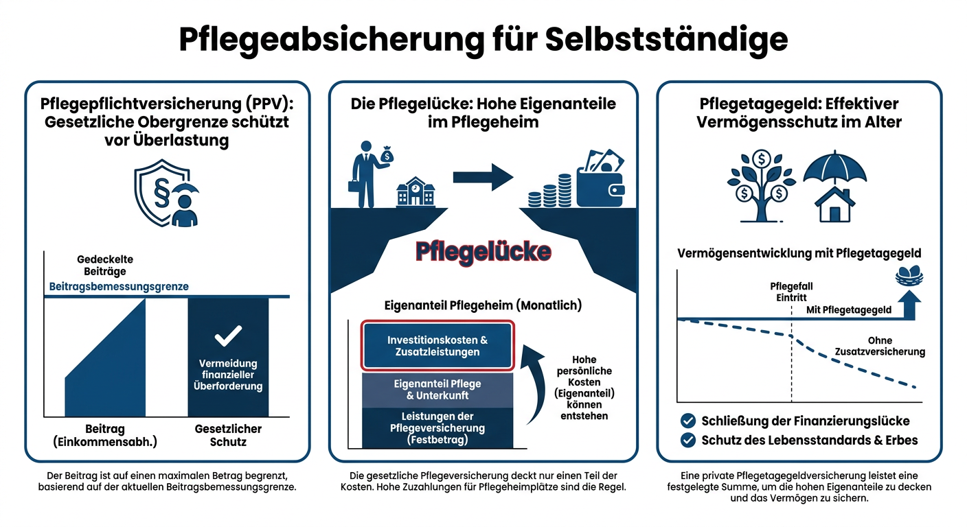 Infografik zur Privaten Pflegepflichtversicherung für Selbstständige mit Beitragsdeckel und Pflegelücke.