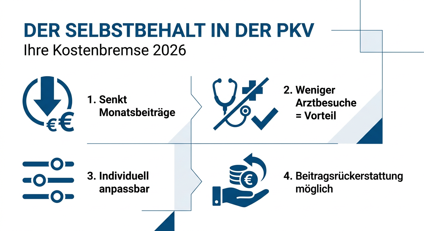 Infografik zum Selbstbehalt in der PKV, die dessen Funktion als Kostenbremse und Vorteile für Selbstständige im Jahr 2026 erklärt.