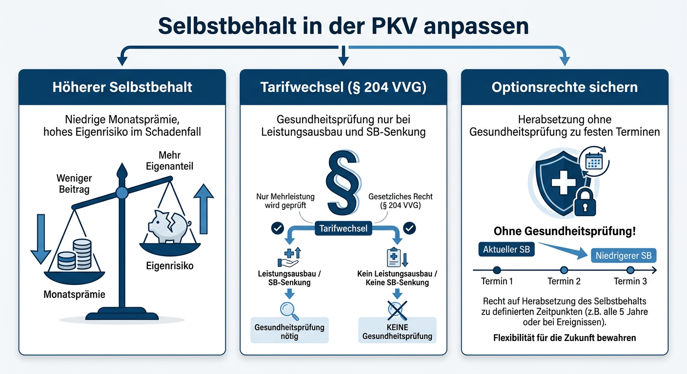 Infografik zu Tarifwechsel, Selbstbehalt-Optionen und Beitragsanpassung nach § 204 VVG in der PKV.