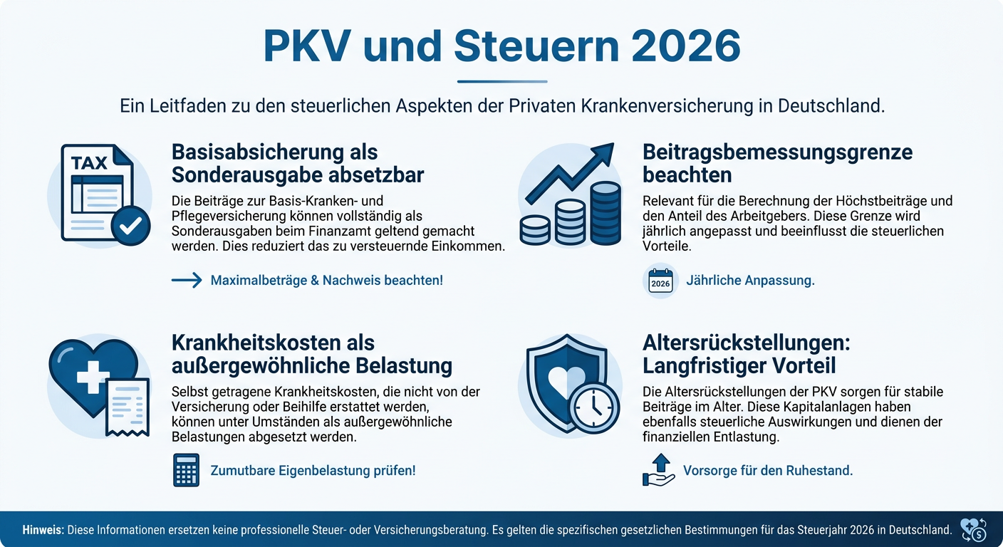 PKV und Steuern 2026: Clevere Tipps für Selbstständige Infografik zeigt Steuervorteile der PKV für Selbstständige 2026, inklusive Sonderausgaben und außergewöhnliche Belastungen.
