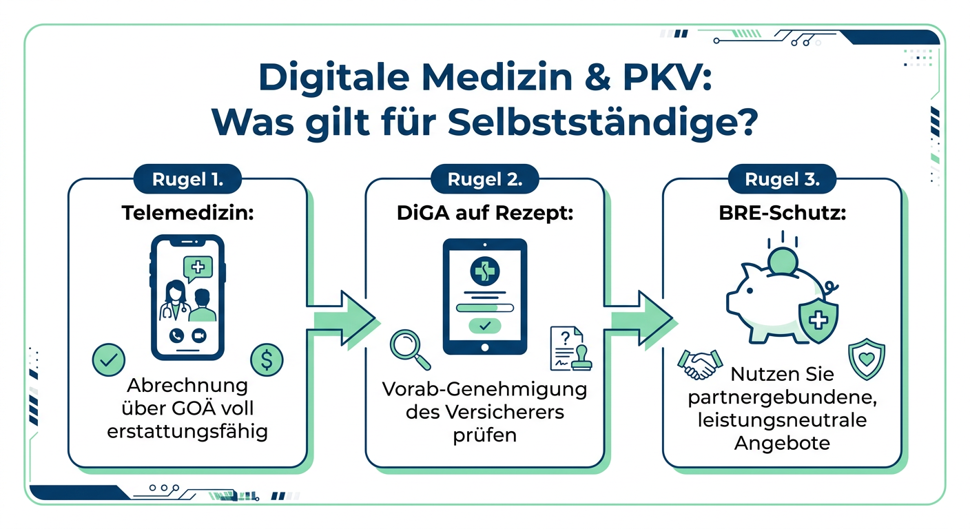 Infografik zu Telemedizin und DiGA in der PKV mit Fokus auf Selbstbehalt und Beitragsrückerstattung für Selbstständige.
